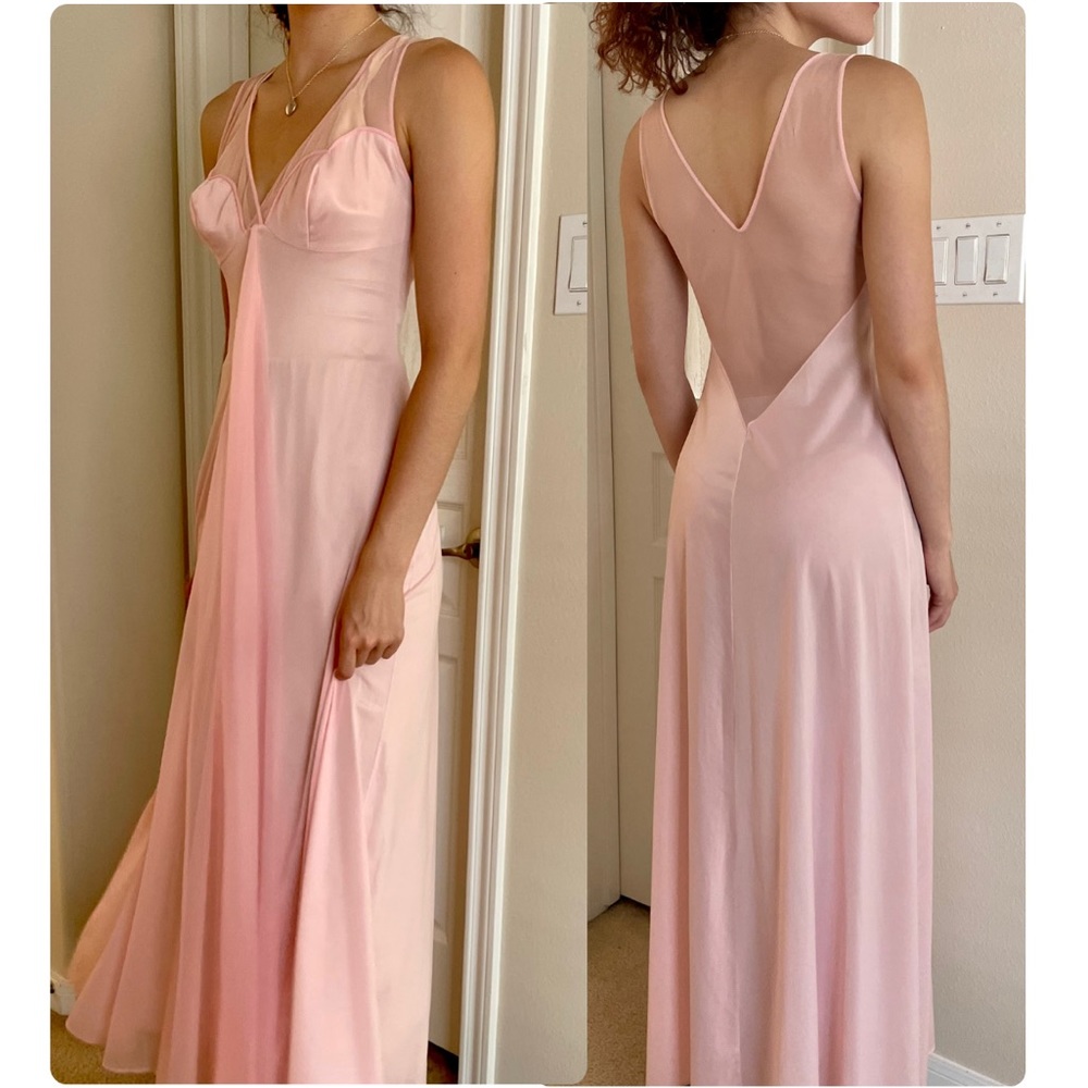 SOLD Vintage Glydons Grecian Pink Full Length Nightgown, Sheer Back Chiffon
